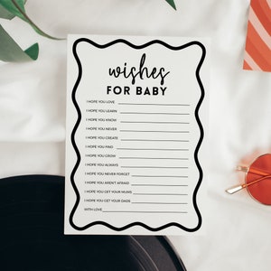 Juegos para baby shower, deseos para bebé, tarjetas de consejos, borde ondulado retro, plantilla de decoración imprimible y editable (descargar BB46)