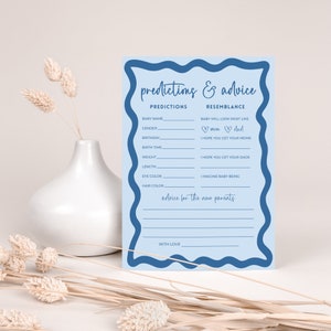 Voorspellingen en advies Babyshower spelletjes, sjabloon retro blauwe golvende rand bewerkbare DIY baby strooi decor afdrukbare INSTANT DOWNLOAD BB26