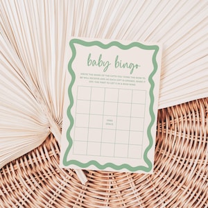 Bingo Wavy Border Vorlage Babypartyspiele, Gender Neutral Salbei grün, Bearbeitbare druckbare lustige Aktivität DIY Eisbruch Sofortiger DOWNLOAD BB36