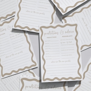 Neutral baby shower prediction card with soft boho wave border editable template for prediction and advice for parents gender neutral baby shower game displayed on plate with citrus accents and sunlight on linen backdrop printable keepsake activity where guests share baby guesses advice for parent and loving wishes for growing family