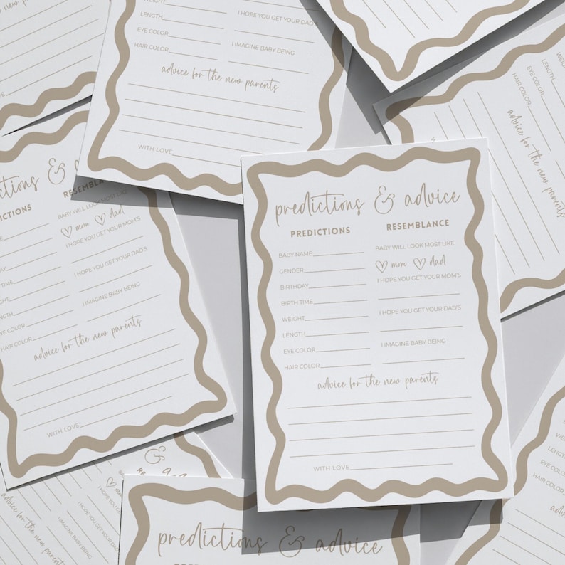 Neutral baby shower prediction card with soft boho wave border editable template for prediction and advice for parents gender neutral baby shower game displayed on plate with citrus accents and sunlight on linen backdrop printable keepsake activity where guests share baby guesses advice for parent and loving wishes for growing family