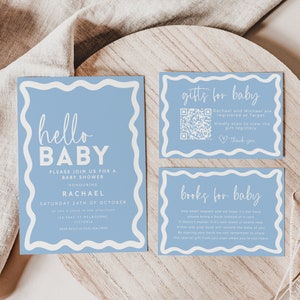 Boho Blau Beige Baby Shower Wave Einladung Bundle, Bücher für Baby, Geschenkliste, bearbeitbare Vorlage, Printable Invite SOFORT DOWNLOAD BB77