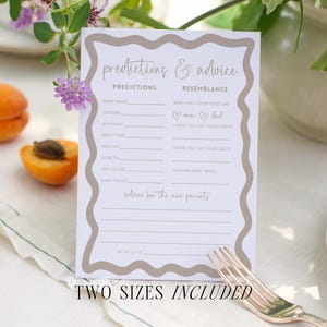 Editable baby shower prediction card with boho wave border gender neutral baby shower game advice for parent and prediction and advice for parents template resting on a ceramic plate styled with fresh citrus and soft linen sunlight and shadows modern printable activity guests write baby guesses and notes for the new parents as a keepsake