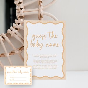 Errate das Baby Name Spiel Boho Gelb Gender Neutral Baby Shower Sprinkle Gewellte Retro Border Vorlage Bearbeitbar INSTANT DOWNLOAD Printable BB56