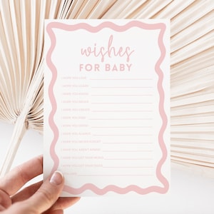 Deseos imprimibles de niña con ondas rosas bohemias para bebé, el juego más divertido para baby shower, borde ondulado rosa y beige, plantilla editable, descarga instantánea BB86
