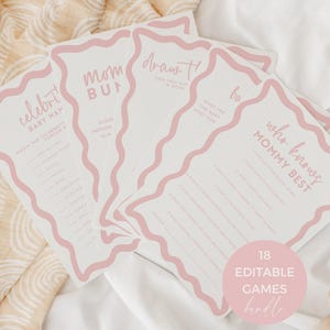 Boho Pink Girl Most Fun Baby Shower Games Bundle, Editable Wavy Border Wishes Bingo Trivia Bump Printable Canva Template DOWNLOAD BB86