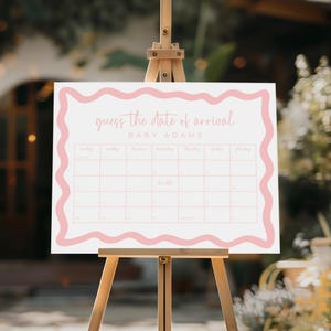 Guess the Due Date Calendar Pink Girl Baby Shower Game Arrival Due Date Printable Game Prediction Guess Birthday Game Idea Canva Template
