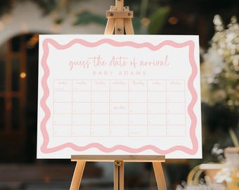Guess the Due Date Calendar Pink Girl Baby Shower Game Arrival Due Date Printable Game Prediction Guess Birthday Game Idea Canva Template