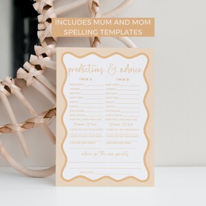 Predicciones y consejos para baby shower de gemelos con género neutro, plantilla de borde ondulado bohemio amarillo y beige, editable, imprimible y con chispas BB56
