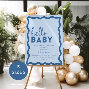 Cartello di benvenuto per baby shower con bordo ondulato retrò blu polvere, modello modificabile, decorazione fai da te "Ciao bambino" stampabile, DOWNLOAD IMMEDIATO, 5 misure BB26