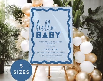 Dusty Blue Retro Wavy Border Boy Baby Shower Welcome Sign Editable Template Hello Baby DIY Decor Printable INSTANT DOWNLOAD 5 sizes BB26