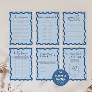 Leukste babyshowerspellen 18 bundel, bewerkbare stoffige blauwe jongen golvende retrorand, wensen bingo trivia hobbel afdrukbare sjabloon DOWNLOAD BB26