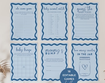 Most Fun Baby Shower Games 18 Bundle, Editable Dusty Blue Boy Wavy Retro Border, Wishes Bingo Trivia Bump Printable Template DOWNLOAD BB26