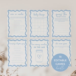 Paquete de 18 juegos divertidos para baby shower de niño en azul bohemio y beige, plantilla imprimible editable con borde ondulado, deseos, bingo, trivia y más. ¡DESCARGA BB76!