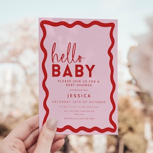 Retro roze golvende rand baby shower uitnodiging sjabloon babyshower, roze bewerkbare DIY decor afdrukbare uitnodiging INSTANT DOWNLOAD uitnodigen BB06