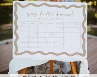 Boho Baby Shower Game: Guess Due Date Calendar, Beige Editable Canva Template (Digital Download)