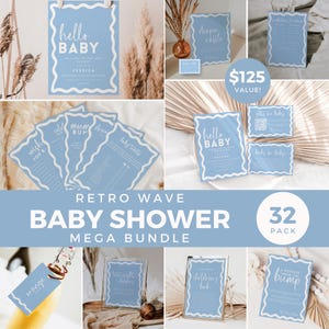 Mega paquete de baby shower bohemio azul y beige, juegos de letreros de bienvenida retro con ondas para niños, plantilla editable de libro de pañales con consejos y predicciones BB77