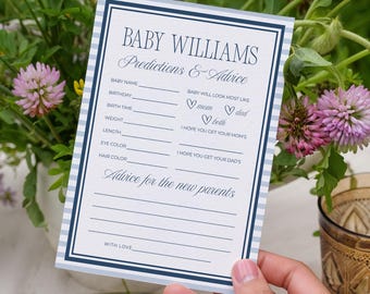 Navy Old Money Baby Shower Predictions and Advice Game Cards Canva Editable Template Hand Drawn Traditional Baby Shower Parent Keepsake B02