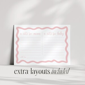 A note for mama and a note for baby, with love, written on a pink-bordered white paper.