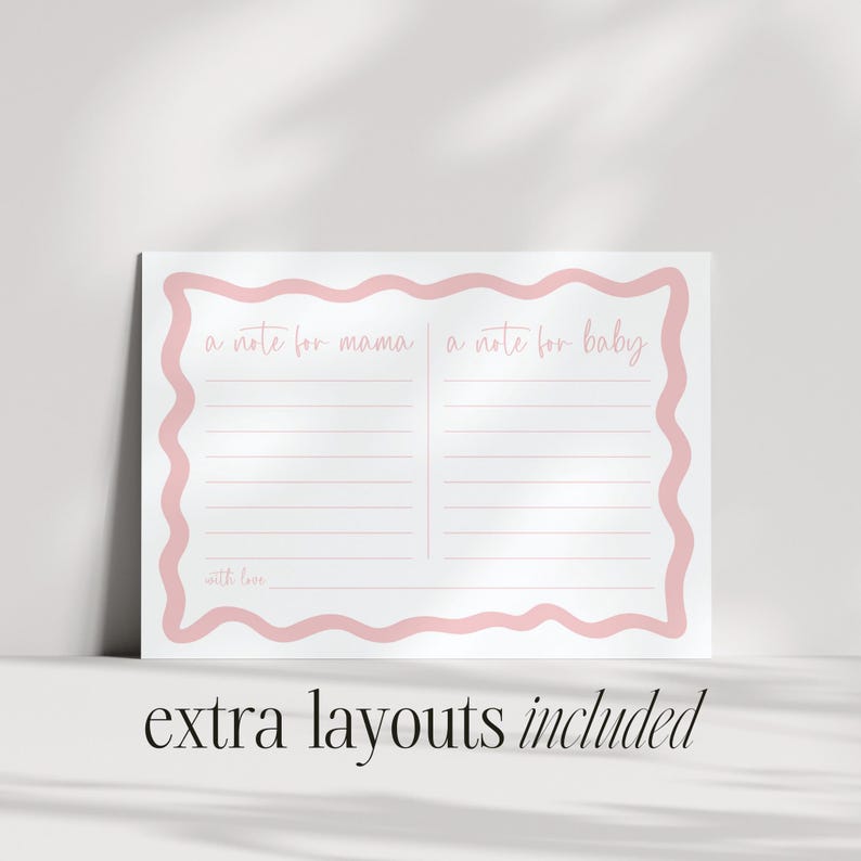 A note for mama and a note for baby, with love, written on a pink-bordered white paper.