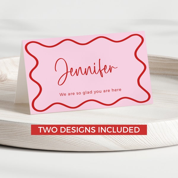 Wave Border Template Place Cards, Retro Pink and Red, Editable Baby Shower Decor, Hens Party Bridal, Buffet Labels DOWNLOAD Printable BB06