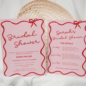 Détails d'itinéraire d'invitation de douche nuptiale de noeud rose et rouge, invitation de bachelorette de poules, modèle de bordure ondulée modifiable ruban dessiné à la main BS03