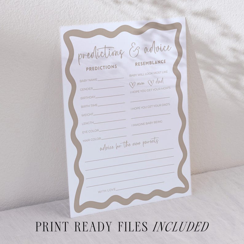 Gender neutral baby shower game prediction and advice for parents card with boho wave outline editable template baby shower prediction card placed on a stoneware plate over light fabric next to citrus and glassware relaxed modern table scene printable shower activity where guests record baby predictions and caring words for parents