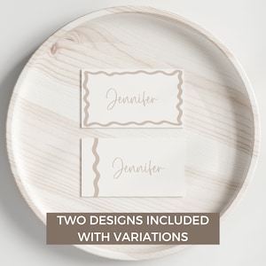 Marque-places de modèle bordure vague beige bohème, neutre sexiste rétro, décoration de baby shower modifiable, étiquettes de nourriture de buffet TÉLÉCHARGER BB66 imprimable