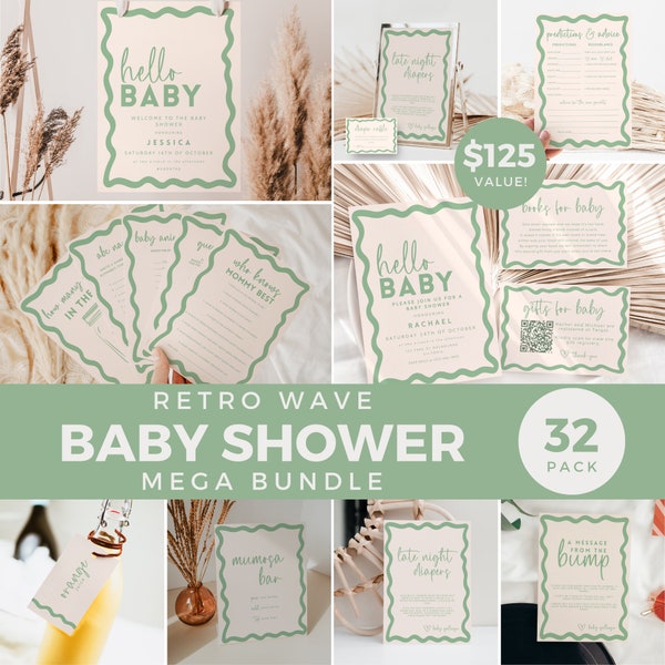 Sage Green Baby Shower Mega Bundle, Retro Wave Gender Neutral, Welcome Sign Games, Predictions Advice Diaper Books Template Editable BB36