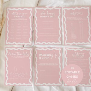 Boho roze en beige meisje leukste bundel babyshowergames, bewerkbare golvende rand wensen bingo trivia hobbel afdrukbare sjabloon DOWNLOAD BB87