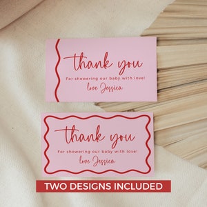 Wave Border Template Thank You Cards, Printable Baby Shower, Bridal Shower Editable Favors, Retro Pink  Red Editable, INSTANT DOWNLOAD BB06