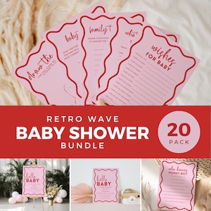 Die meisten Spaß Babypartyspiele, Retro dünnes gewelltes Babyparty Bundle, Einladung Willkommensschild, bearbeitbare Vorlage, druckbares SOFORT-DOWNLOAD BB06