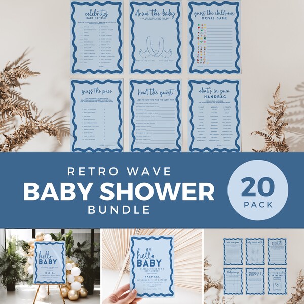 Blue Boy Most Fun Baby Shower Games, Retro Wavy Baby Shower Bundle, Invitation Welcome Sign, Editable Template Printable Download BB26