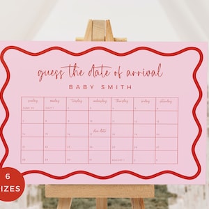 Calendario retro rosa y rojo para baby shower de niña. Juego para adivinar la fecha de nacimiento. Plantilla con borde ondulado, editable e imprimible. DESCARGA BB06.