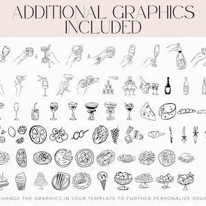 May include: Black and white line art illustrations of various food and drink items, including wine glasses, champagne bottles, cheese, pizza, and desserts. Text at the top reads "ADDITIONAL GRAPHICS INCLUDED".