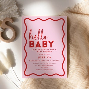 Dünne gewellte Grenze Babypartyeinladung, Retro Rosa bearbeitbare Vorlage Moderne einladen, DIY Dekor druckbare, Hallo Baby INSTANT DOWNLOAD BB06
