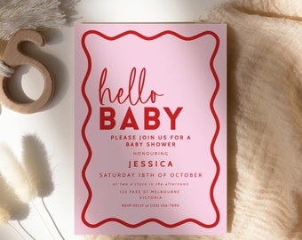 Thin Wavy Border Baby Shower Invitation, Retro Pink Editable Template Modern Invite, DIY Decor Printable, Hello Baby INSTANT DOWNLOAD BB06