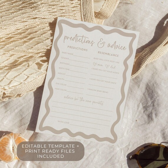 Baby Shower Prediction Card Gender Neutral Baby Shower Game Advice For Parent Boho Wave Editable Template Prediction And Advice For Parents