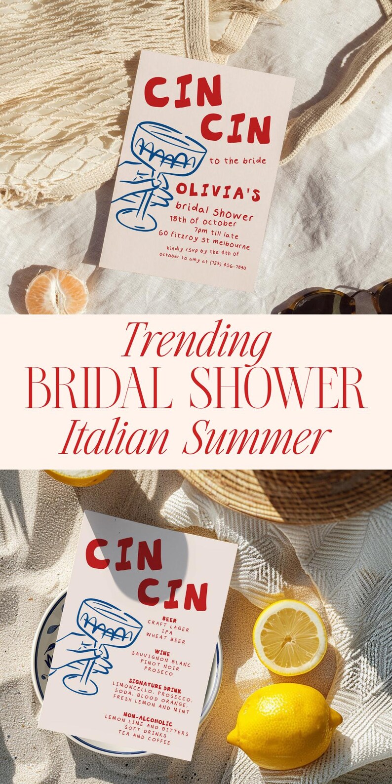 May include: Bridal shower invitation with the words "CIN CIN" in red. The invitation includes details like the date, time, and location. The image also features lemons, a plate, and text that reads "Trending Bridal Shower Italian Summer."