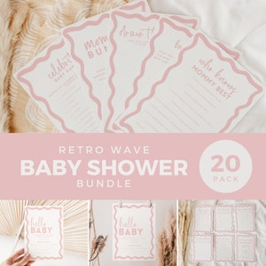 Boho roze beige golf baby shower bundel, leuke babyshower spelletjes meisje, welkomstbord uitnodiging, bewerkbare sjabloon golvend afdrukbare download BB86