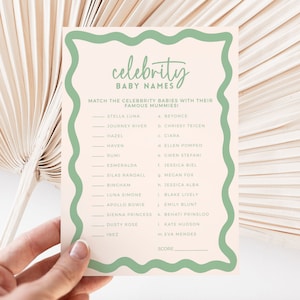 May include: A printable baby shower game with a pink background and green border. The game asks players to match celebrity babies with their mothers. The game includes names like Stella Luna, Journey River, Hazel, Haven, Rumi, Esmeralda, Silas Randall, Bingham, Luna Simone, Apollo Bowie, Sienna Princess, Dusty Rose, and Inez.