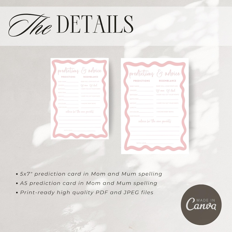 Baby Shower Game Prediction Card Baby Predictions Advice Card Baby Shower Activities Pink Baby Shower Canva Digital Template Party Idea image 5