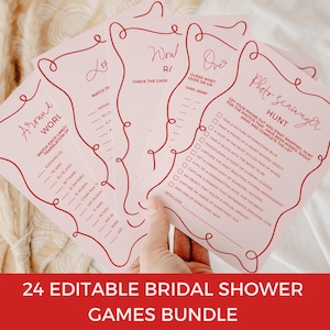 Juegos para despedidas de soltera, juegos para despedidas de soltera, plantillas editables, juego de despedida de soltera rosa dibujado a mano, bingo nupcial, descarga HP03
