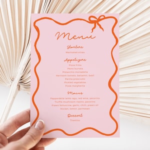 Modèle de bordure ondulée pour menu nuptiale de douche nuptiale, rose Orange poules partie EVJF, baby shower moderne anniversaire dessinés à la main modifiable BS02