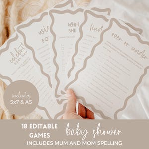 May include: A set of white baby shower game cards with wavy beige borders. The cards feature text including Celebrity Baby Name, Word Search, and Over or Under. A circular beige graphic on the left displays the text includes 5x7 & A5.