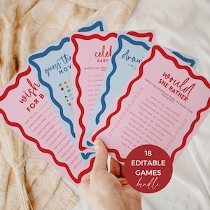 Lot de jeux de baby shower les plus amusants, modèle de bordure ondulée révélateur de sexe, imprimable modifiable, anecdotes Bingo Draw Bump, garçon ou fille surprise BB06