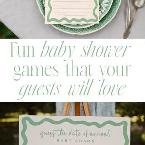 The image is a collage of two photos. The top photo shows a green and white baby shower invitation card with a list of games and a date, placed on a table with a fork, spoon, and blueberries. The bottom photo shows a baby shower game board with a calendar and a guess the date of arrival game, placed on a wooden stand.