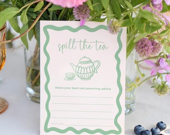 Spill the Tea Baby Shower Game Template Sage Green Editable Canva Baby Sprinkle Activity Printable Parenting Advice Card Tea Party BB36