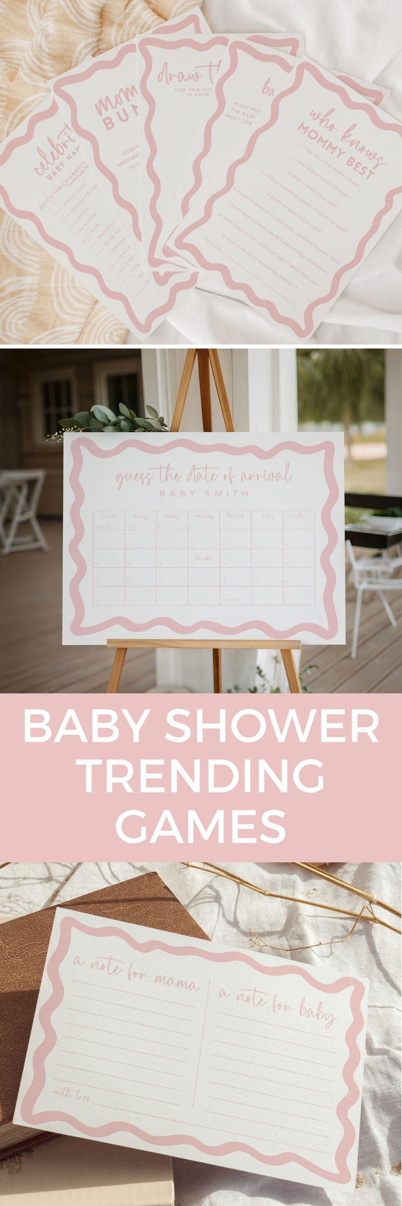modern pink baby shower wishes card editable and printable template featuring a note for mama and a note for baby sections wavy pink frame design ideal for girl baby shower or sprinkle keepsake activity where guests write advice encouragement or love instant download stationery