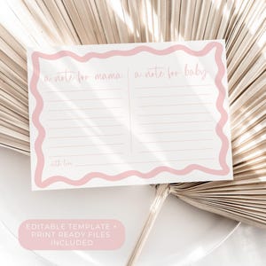 pink baby shower wishes card editable template with wavy border design includes a note for mama and a note for baby fun activity for girl baby shower or sprinkle printable keepsake where guests write advice encouragement and love notes instant download modern stationery idea for party decor